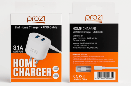 Cargador PRO 21 - 3.1A Type C / Cable Incorporado + 2 USB