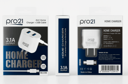 Cargador PRO 21 - 3.1A Micro / Cable Incorporado + 2 USB