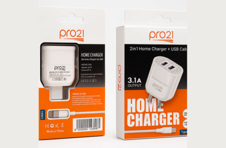 Cargador PRO 21 - 3.1  Caja Blanca type C Cable Extraible  entradas usb + C Type