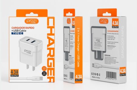 Cargador PRO 21 4.3A con USB+C Type C ( Cable Extraible )