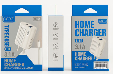 Cargador PRO 21 - LITE 3.1 CON CABLE MICRO EXTRAIBLE.  INCLUYE  UNA ENTRADA  USB Y OTRA TYPE C.