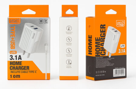 Cargador PRO 21 - Lite 3.1  C/ Cable C Type Extraible  entradas usb + C Type