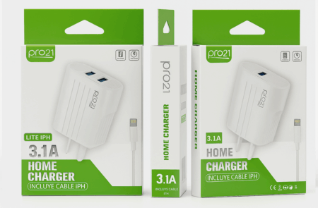 Cargador PRO 21 - Lite 3.1 iPH C/Cable lighting C/Extraible Type - 2 entradas usb