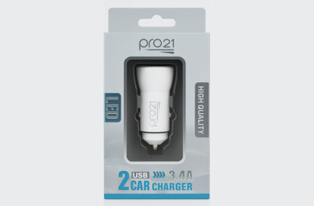 CARGADOR AUTO PRO 21 - PD 3.4A Con CABLE TYPE C.  Dos puertos:1  USB y otro TYPE C